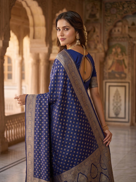 Royal Blue Banarasi Silk Saree with Golden Zari Butti Work, Woven Border & Rich Designer Pallu for Women