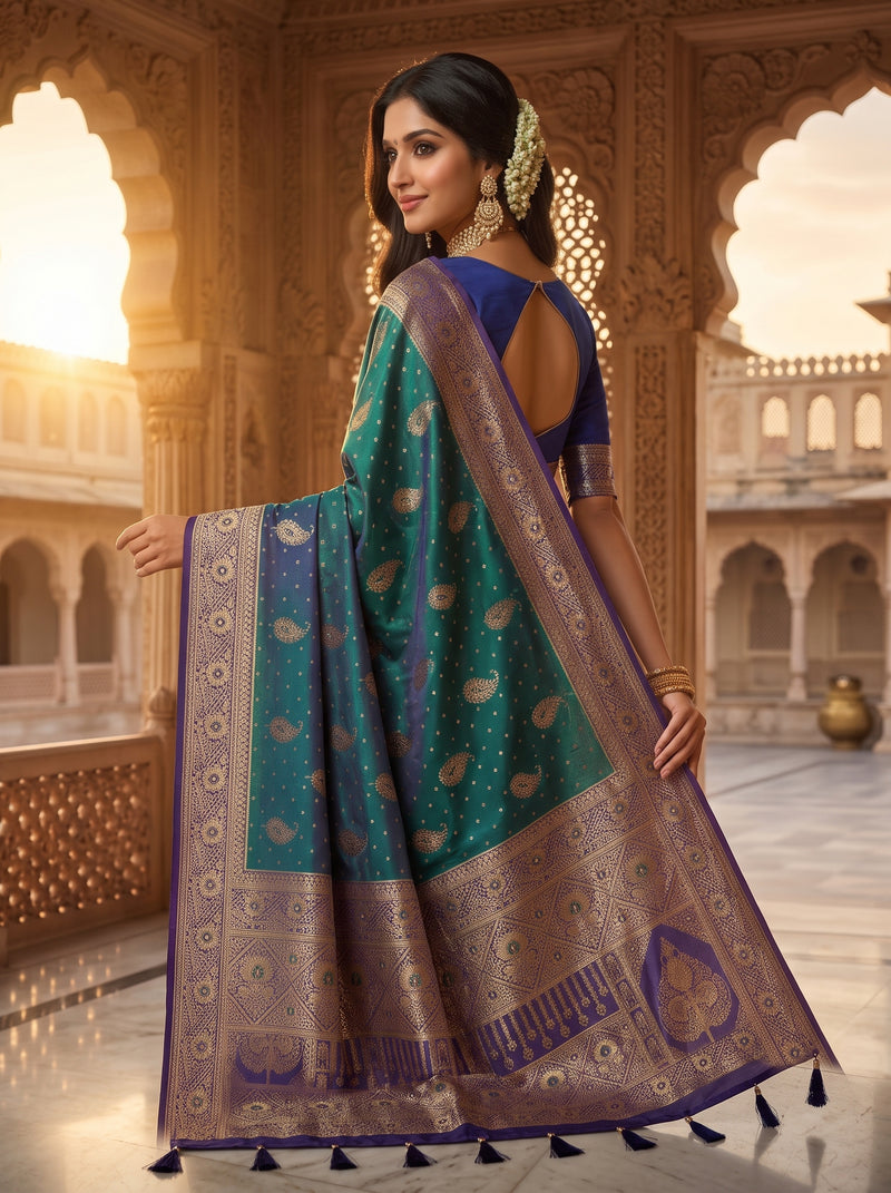 Royal Peacock Green Art Silk Banarasi Saree with Purple Contrast Border & Blouse Piece