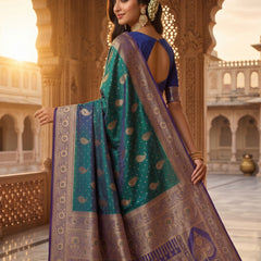 Royal Peacock Green Art Silk Banarasi Saree with Purple Contrast Border & Blouse Piece