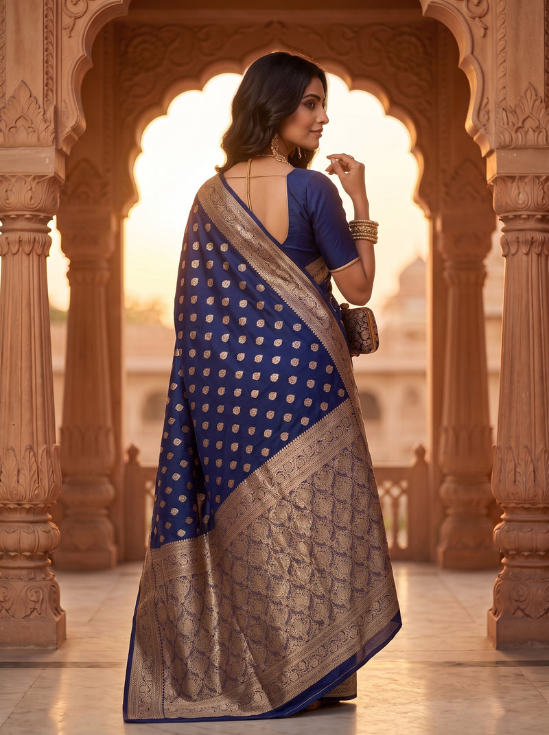 Royal Navy Blue Banarasi Silk Saree with Golden Zari Butti Work, Woven Border & Rich Traditional Pallu for Women