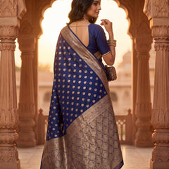 Royal Navy Blue Banarasi Silk Saree with Golden Zari Butti Work, Woven Border & Rich Traditional Pallu for Women