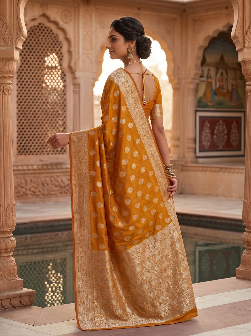 Mustard Yellow Banarasi Silk Saree with Golden Zari Butti Work, Woven Border & Traditional Designer Pallu for Women