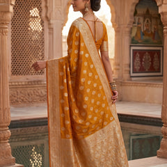 Mustard Yellow Banarasi Silk Saree with Golden Zari Butti Work, Woven Border & Traditional Designer Pallu for Women