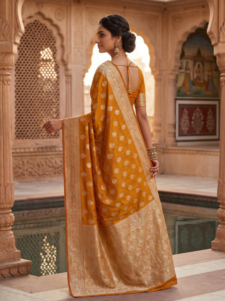 Mustard Yellow Banarasi Silk Saree with Golden Zari Butti Work, Woven Border & Traditional Designer Pallu for Women