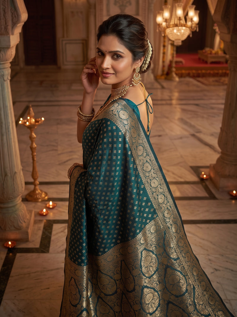 Teal Blue Banarasi Silk Saree with Golden Zari Butti Work, Broad Woven Border & Rich Designer Pallu for Women