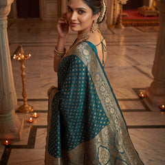 Teal Blue Banarasi Silk Saree with Golden Zari Butti Work, Broad Woven Border & Rich Designer Pallu for Women