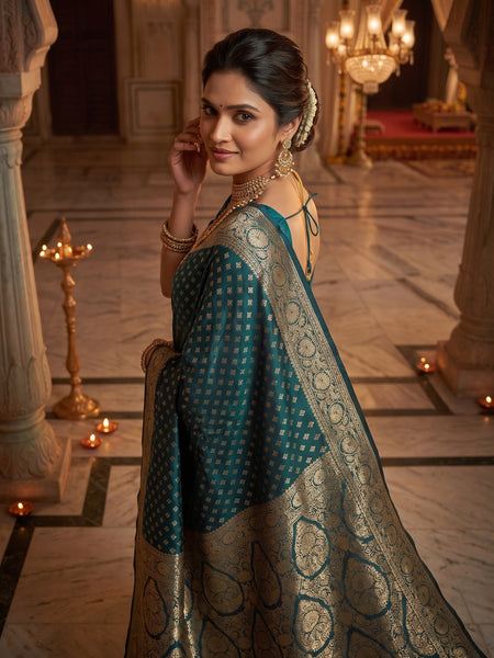 Teal Blue Banarasi Silk Saree with Golden Zari Butti Work, Broad Woven Border & Rich Designer Pallu for Women