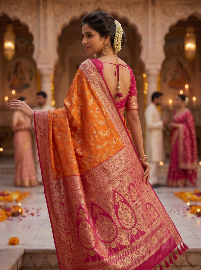 Radiant Orange Banarasi Silk Saree with Rich Magenta Contrast Border and Blouse