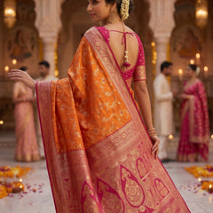 Radiant Orange Banarasi Silk Saree with Rich Magenta Contrast Border and Blouse