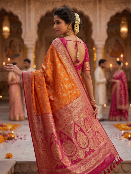 Radiant Orange Banarasi Silk Saree with Rich Magenta Contrast Border and Blouse