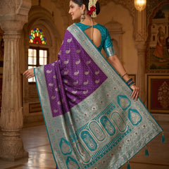 Royal Purple Art Silk Banarasi Saree with Peacock Blue Contrast Border & Blouse Piece