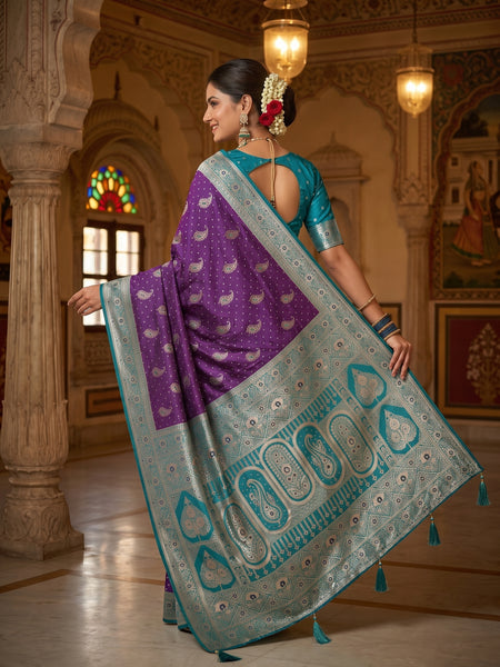 Royal Purple Art Silk Banarasi Saree with Peacock Blue Contrast Border & Blouse Piece