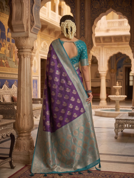 Majestic Bottle Green Art Silk Banarasi Saree with Crimson Red Contrast Border & Blouse Piece