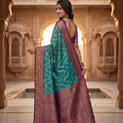 Peacock Teal Blue Art Silk Banarasi Saree with Deep Purple Contrast Pallu & Blouse Piece