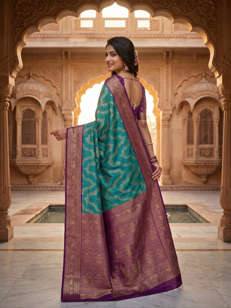 Peacock Teal Blue Art Silk Banarasi Saree with Deep Purple Contrast Pallu & Blouse Piece