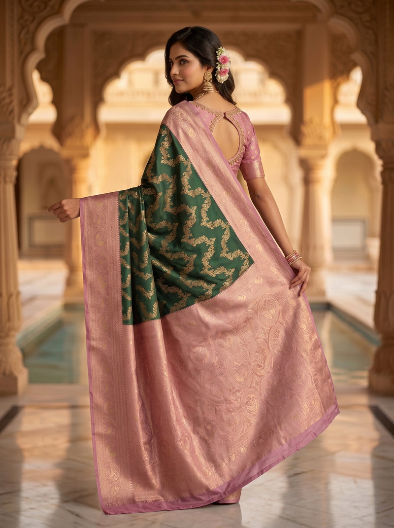 Bottle Green Art Silk Banarasi Saree with Dusty Pink Contrast Border & Blouse Piece