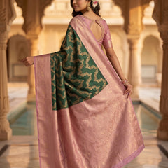 Bottle Green Art Silk Banarasi Saree with Dusty Pink Contrast Border & Blouse Piece