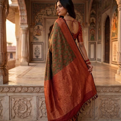 Olive Green & Rust Orange Jacquard Woven Saree with Rich Zari Border & Pallu