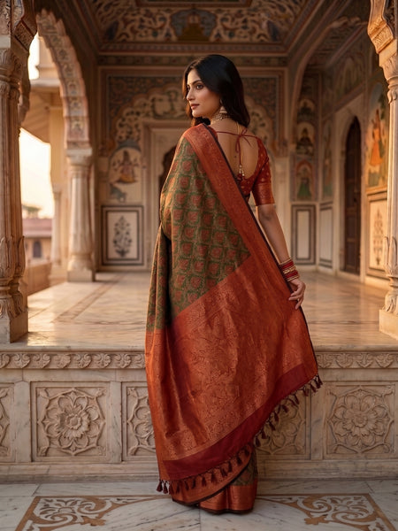 Olive Green & Rust Orange Jacquard Woven Saree with Rich Zari Border & Pallu