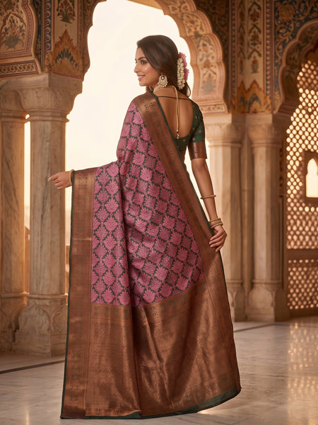 Magenta & Green Jacquard Woven Saree with Rich Copper Zari Border & Pallu
