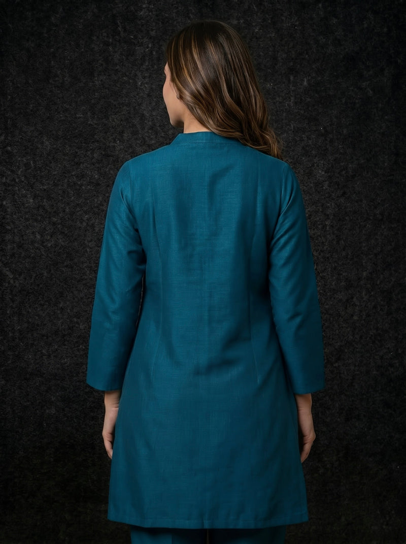 Teal Kurta with Gold Sequin Yoke and Rose Embroidery