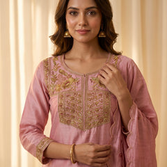 Pink Silk Kurta Set with Gold Embroidery
