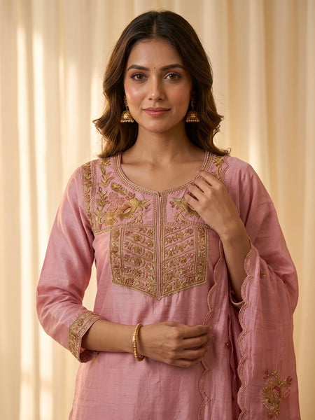 Pink Silk Kurta Set with Gold Embroidery