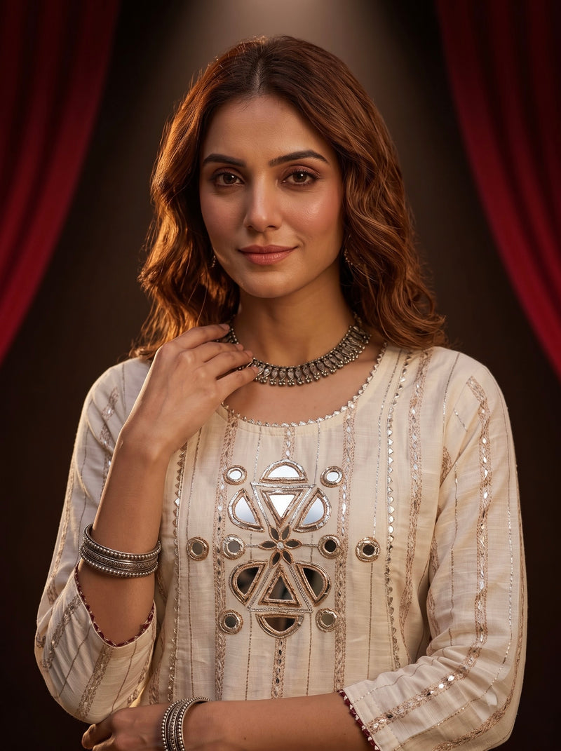 Ivory Mirror-Work Kurta with Palazzo Set