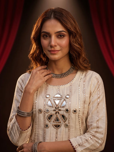 Ivory Mirror-Work Kurta with Palazzo Set