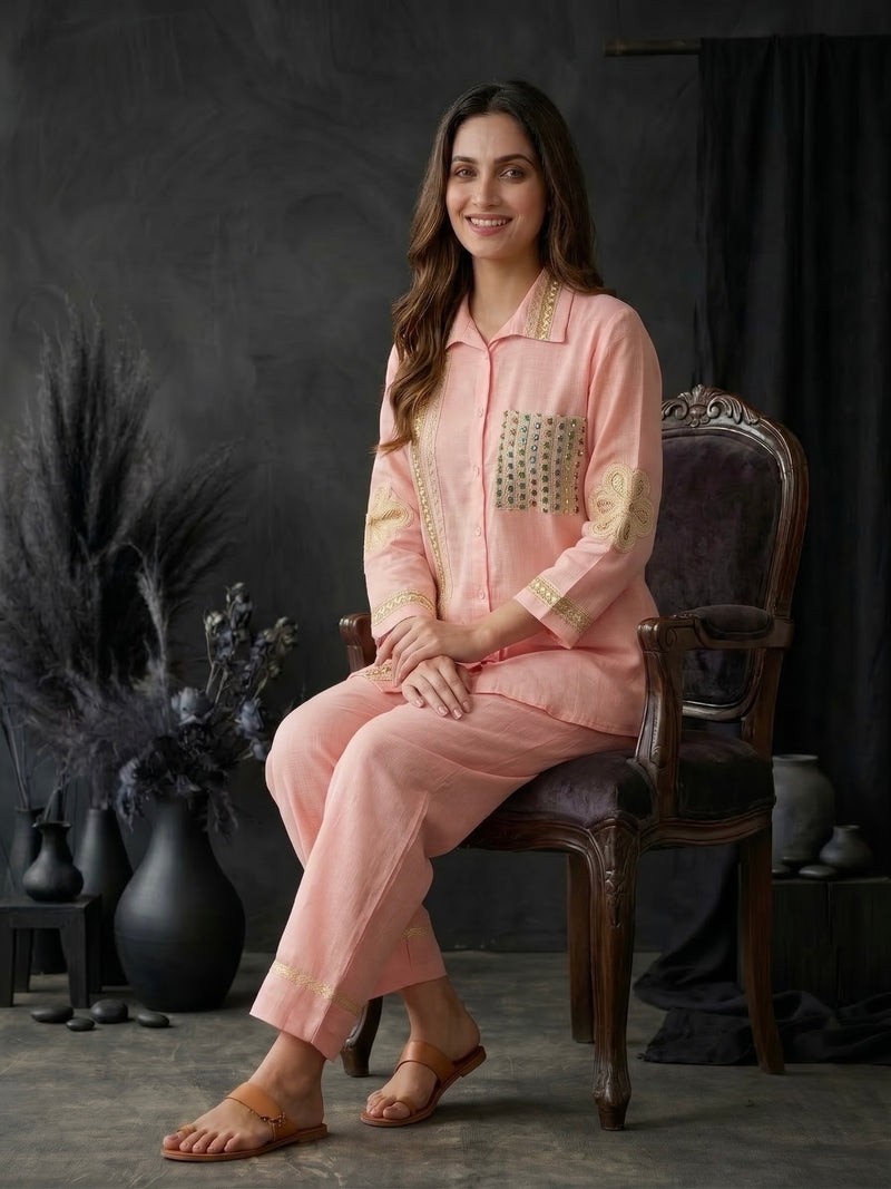 Blush Pink Shirt Co-ord Set with Lace Trim