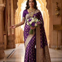 Royal Purple Banarasi Silk Saree with Golden Zari Butti Work, Woven Border & Rich Designer Pallu for Women