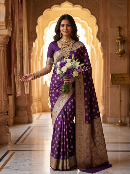 Royal Purple Banarasi Silk Saree with Golden Zari Butti Work, Woven Border & Rich Designer Pallu for Women