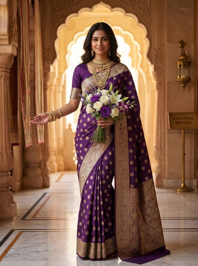 Royal Wine Banarasi Silk Saree with Golden Zari Butti Work, Woven Border & Rich Designer Pallu for Women