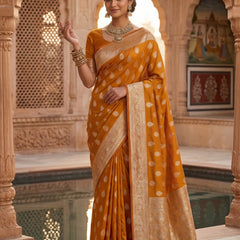 Mustard Yellow Banarasi Silk Saree with Golden Zari Butti Work, Woven Border & Traditional Designer Pallu for Women