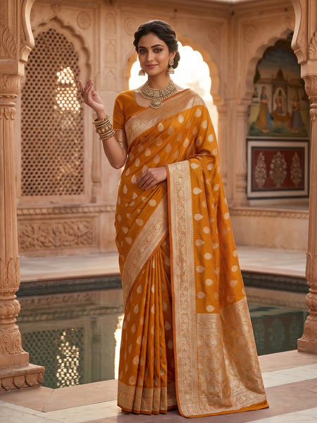 Mustard Yellow Banarasi Silk Saree with Golden Zari Butti Work, Woven Border & Traditional Designer Pallu for Women