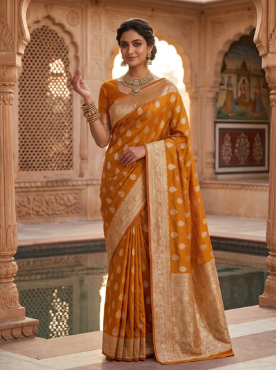 Mustard Yellow Banarasi Silk Saree with Golden Zari Butti Work, Woven Border & Traditional Designer Pallu for Women