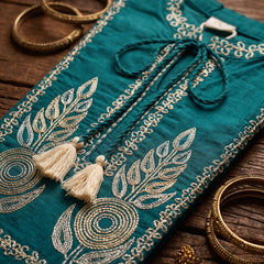 Teal Kurta with Gold Embroidery and Tassel Tie