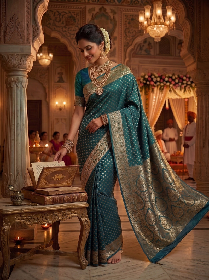 Teal Blue Banarasi Silk Saree with Golden Zari Butti Work, Broad Woven Border & Rich Designer Pallu for Women
