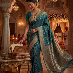 Teal Blue Banarasi Silk Saree with Golden Zari Butti Work, Broad Woven Border & Rich Designer Pallu for Women
