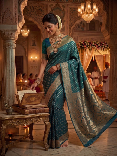 Teal Blue Banarasi Silk Saree with Golden Zari Butti Work, Broad Woven Border & Rich Designer Pallu for Women