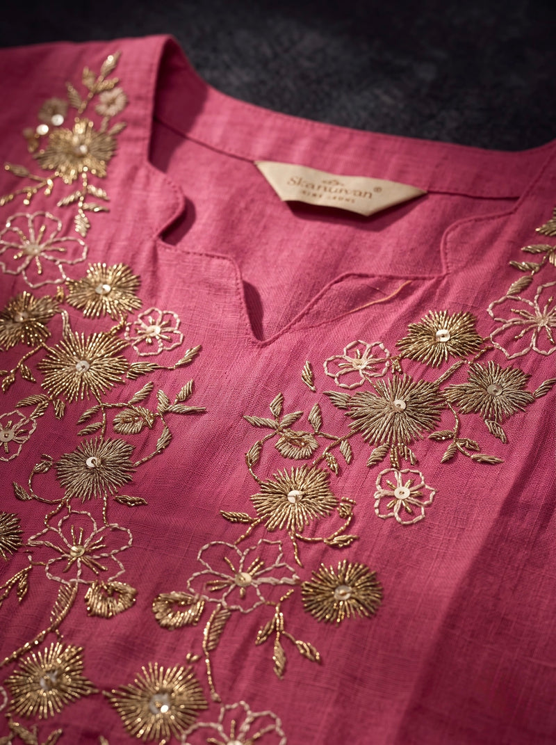 Rose Pink Tunic with Gold and White Floral Embroidery
