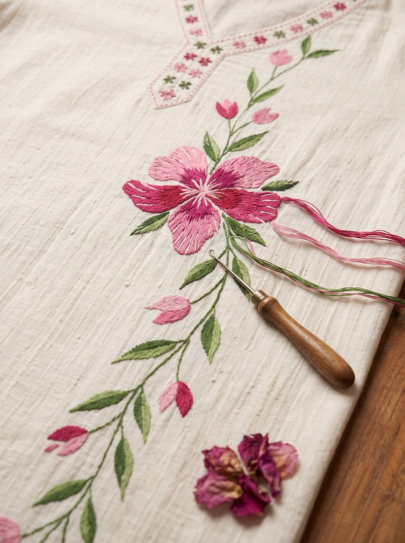 Off-White Cotton Kurta with Floral Dupatta