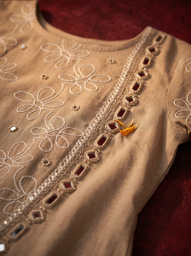 Beige Floral Embroidered Kurta with Mirror-Work Trim