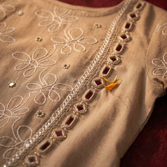 Beige Floral Embroidered Kurta with Mirror-Work Trim
