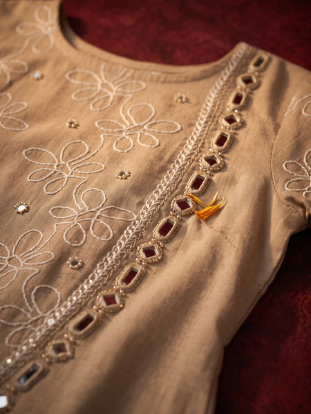 Beige Floral Embroidered Kurta with Mirror-Work Trim