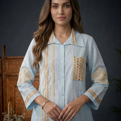 Blush blue Shirt Co-ord Set with Lace Trim