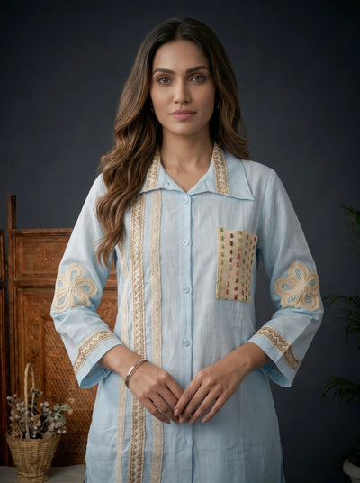 Blush blue Shirt Co-ord Set with Lace Trim