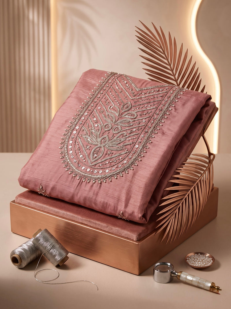 Mauve Silk Suit with Silver Zari Embroidery