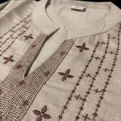 Beige Kurta with Brown Embroidered Yoke and Rose Motifs