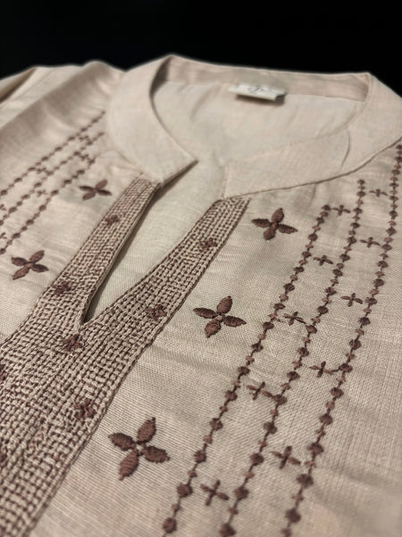 Beige Kurta with Brown Embroidered Yoke and Rose Motifs